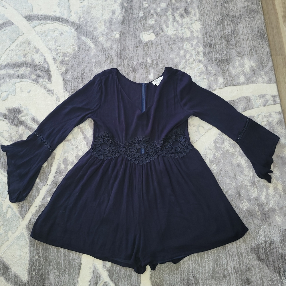 Molly Bracken Elegant Navy Women Romper with Lace Detail